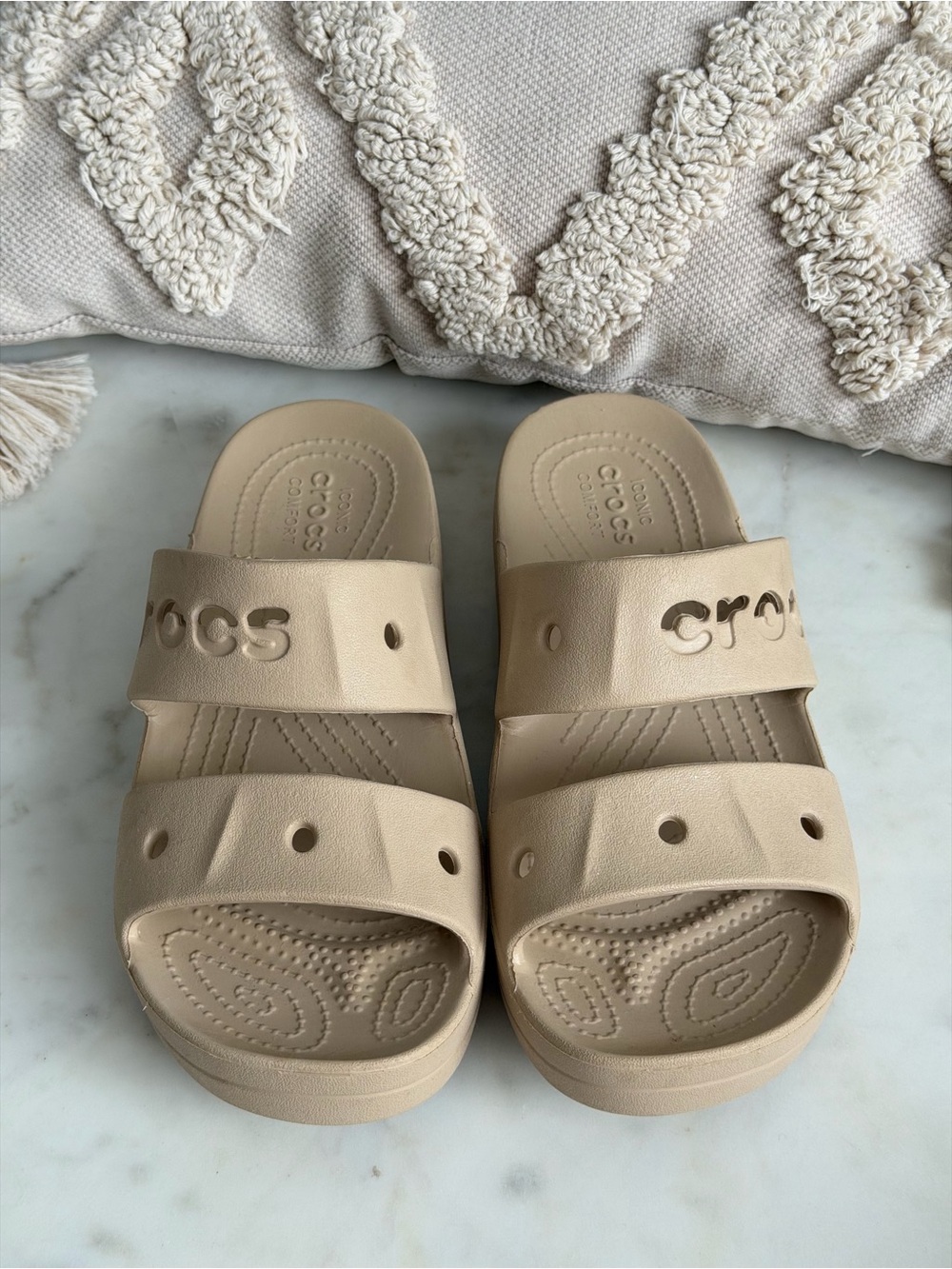 CROCS Double-Strap Slide Sandals in Taupe